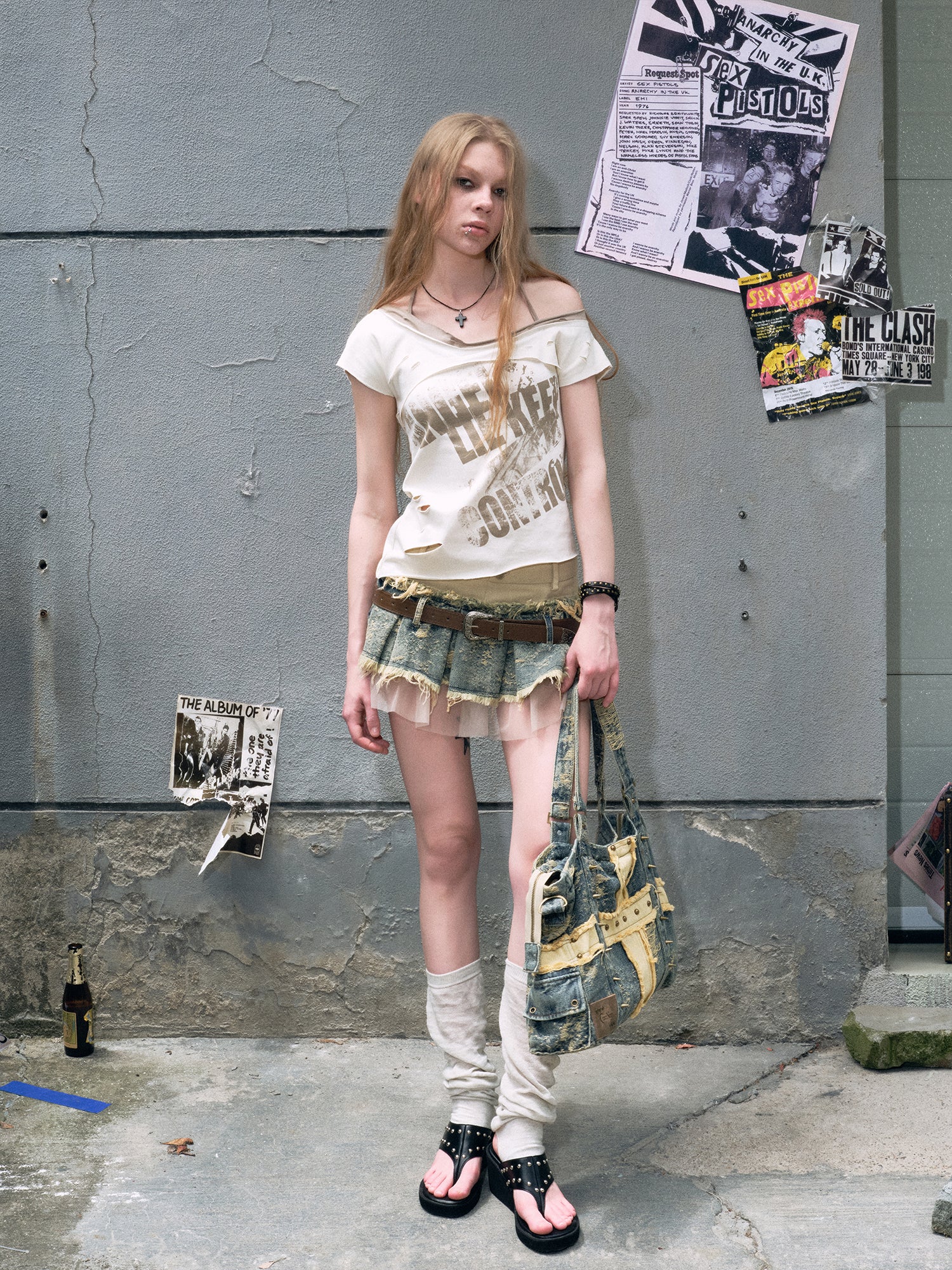 Denim mesh deconstructed pleated skirt