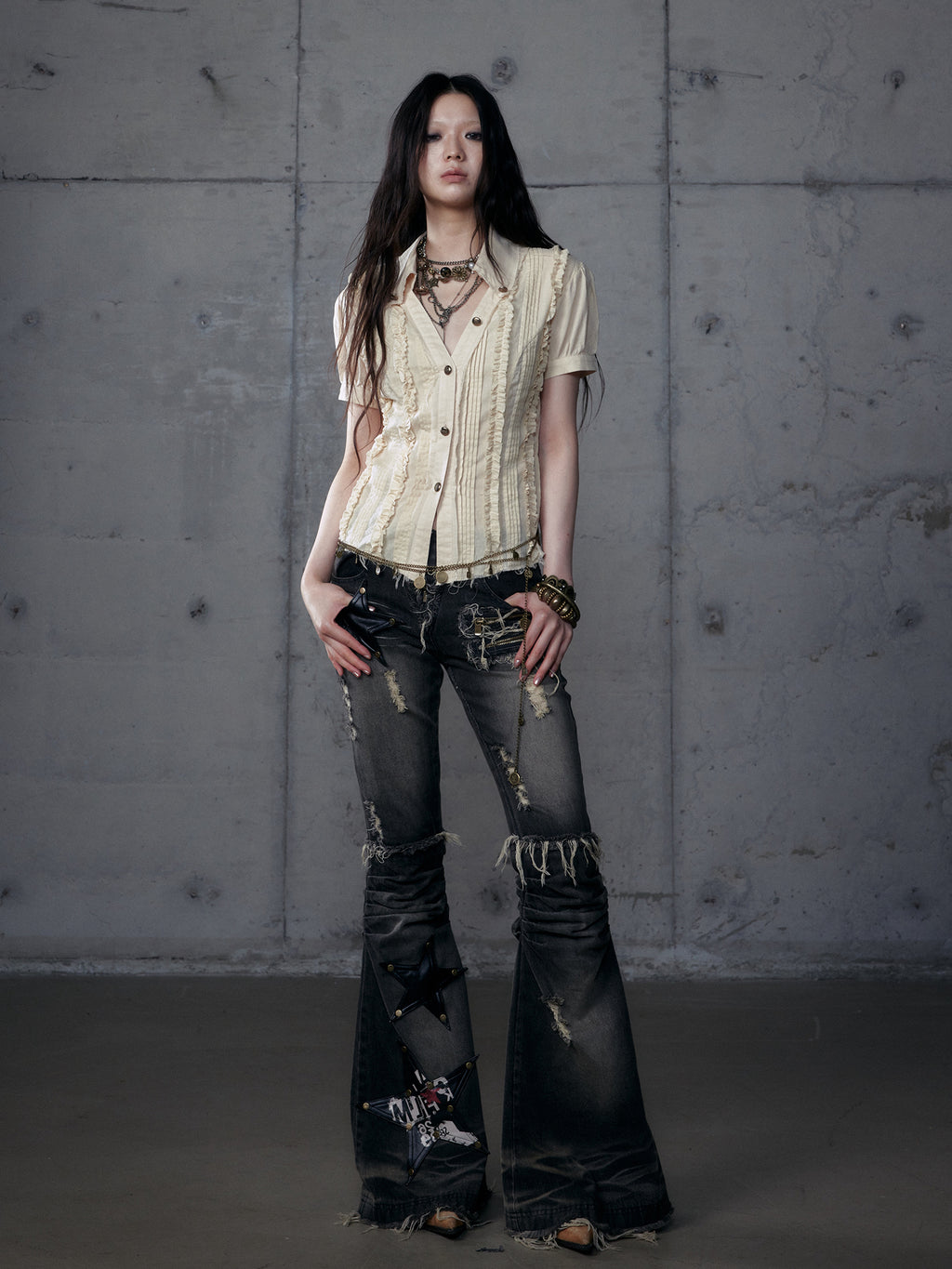 Star Flare Washed Denim Pants