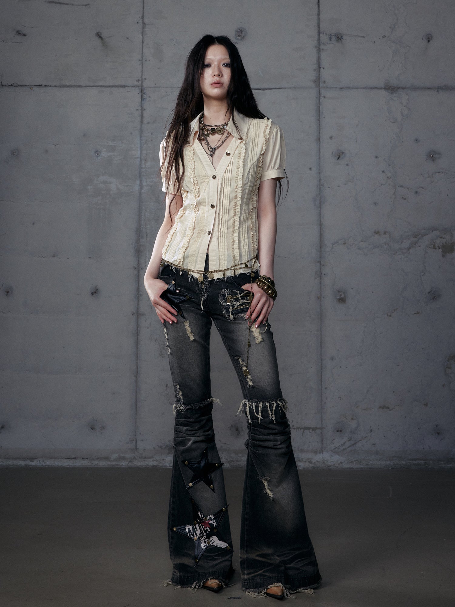Star Flare Washed Denim Pants
