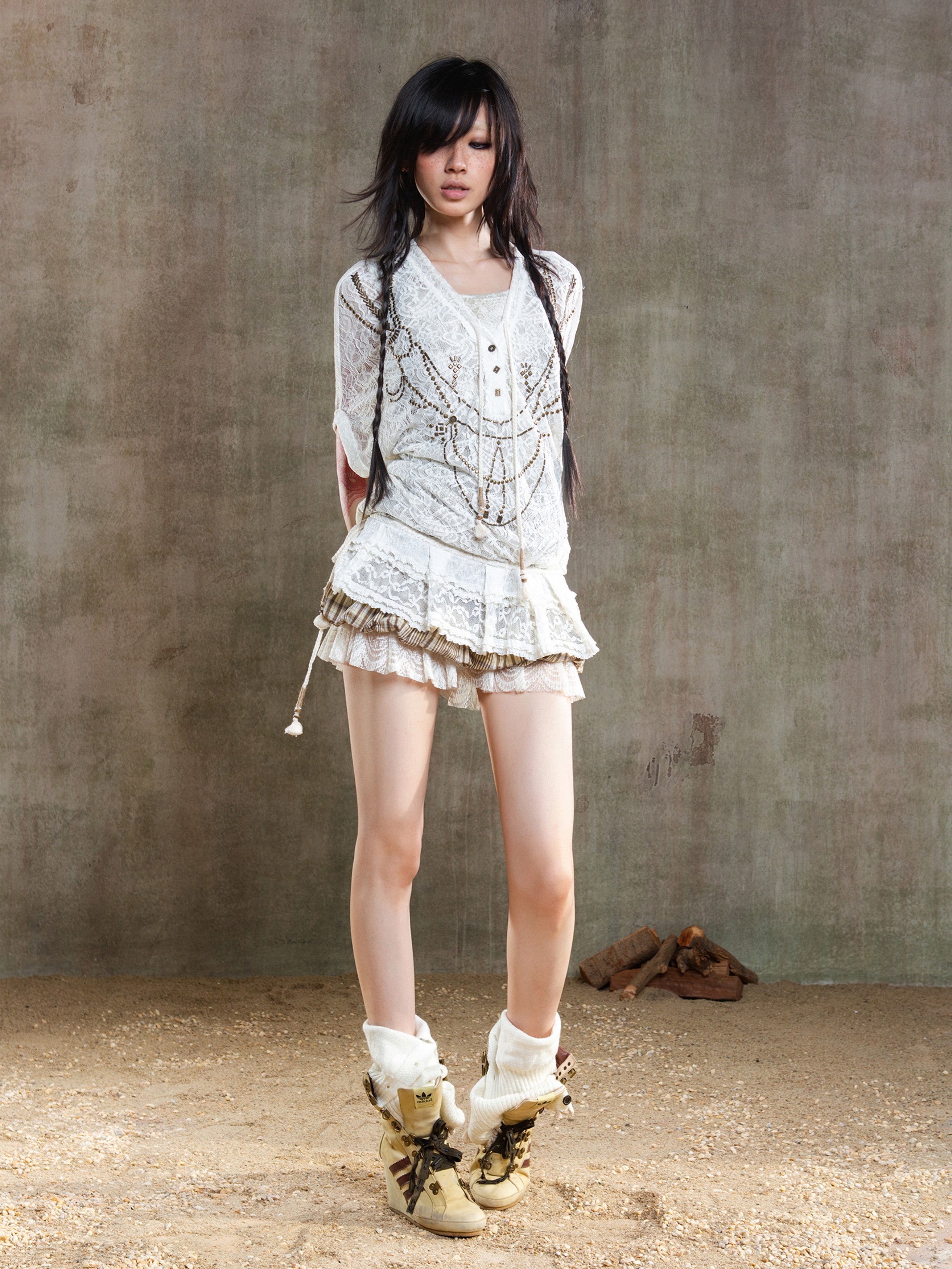 Oversized Lace Overlay Longline T-Shirt