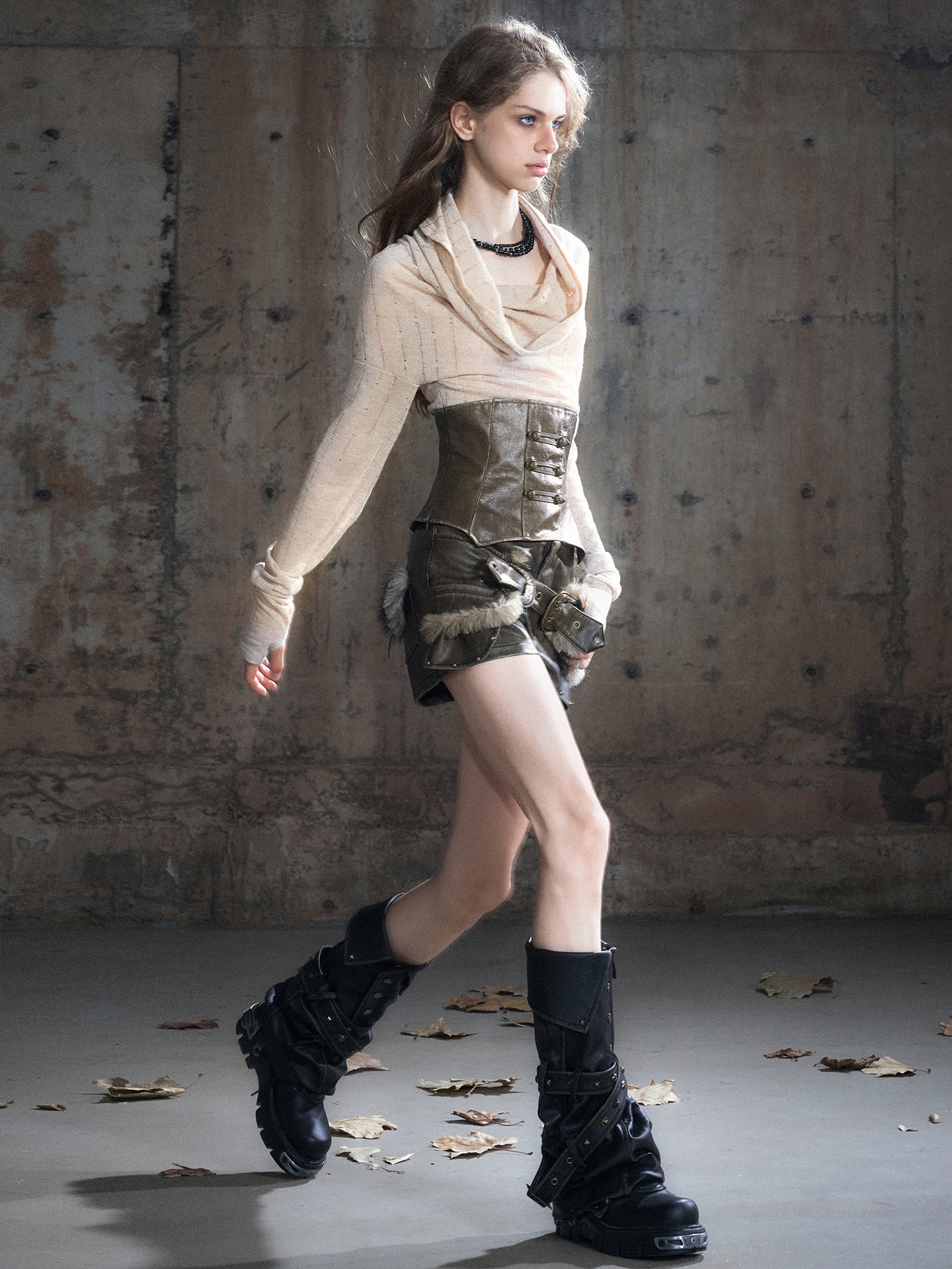 Irregular Studded Leather Strap Washed Button Leg Warmers