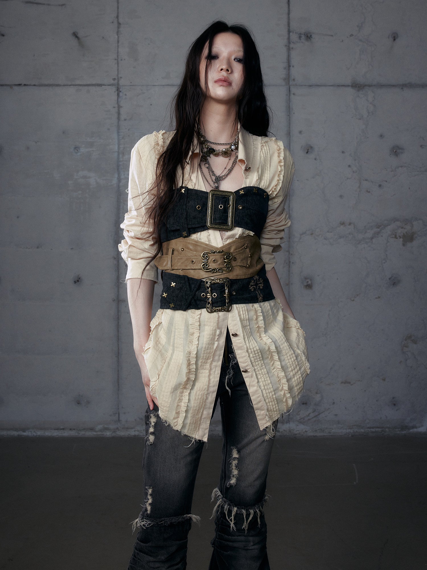 Leather Strap Metal Asymmetrical Color-Block Tube Top