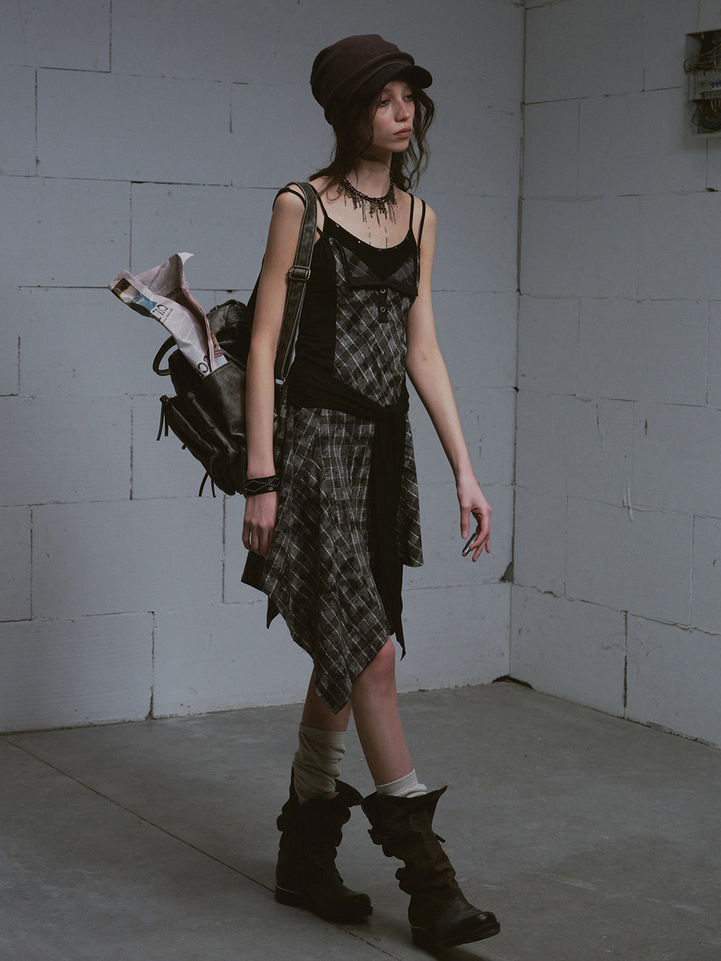 Layered Black & Gray Plaid Slip Dress