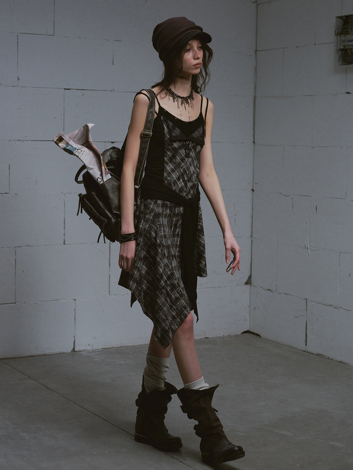 Layered Black & Gray Plaid Slip Dress