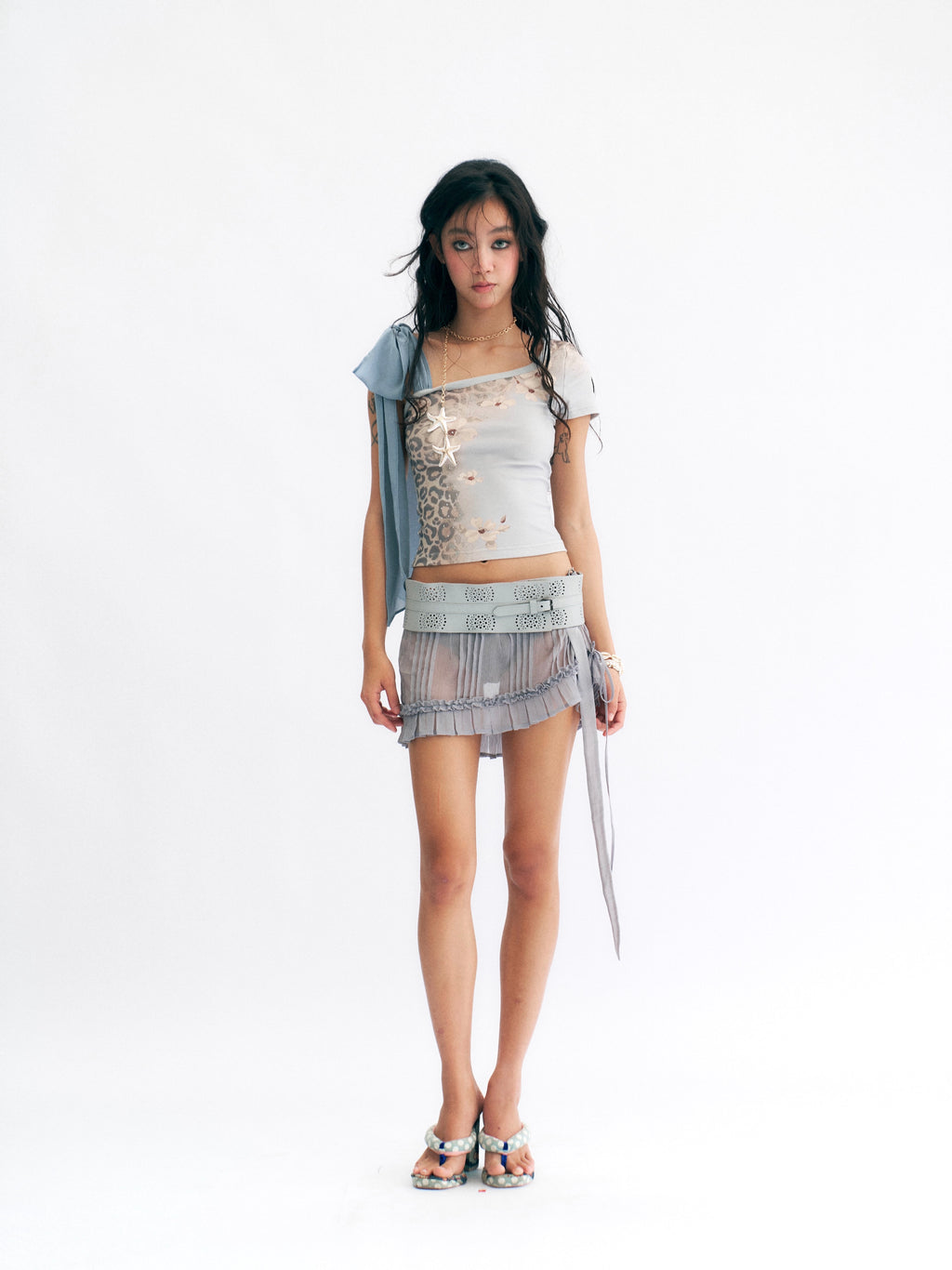 Blue-Gray One-Pleat Chiffon Skirt