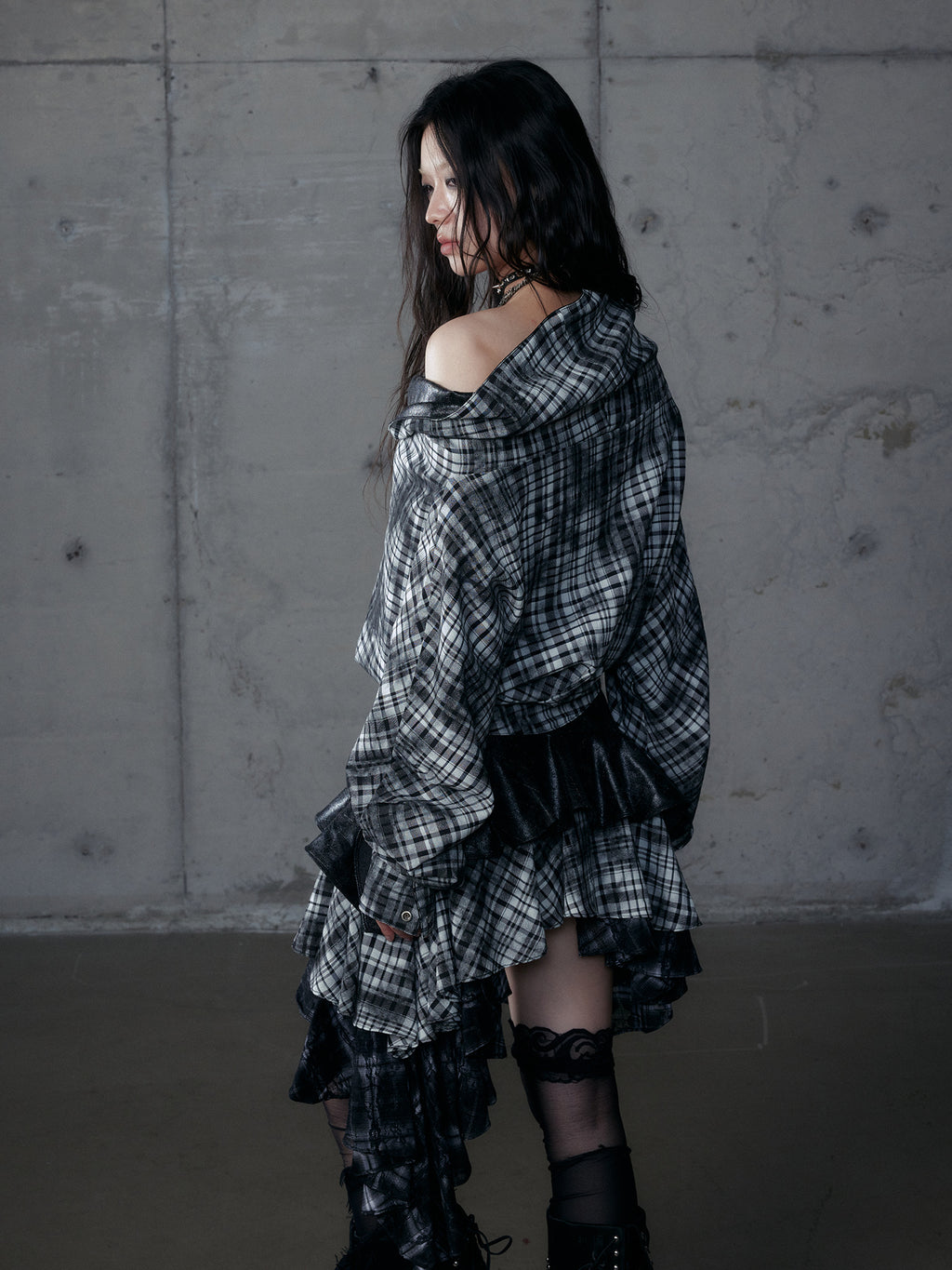 Deconstructed Checkered Waist-Cinching Reversible Leather Hoodie