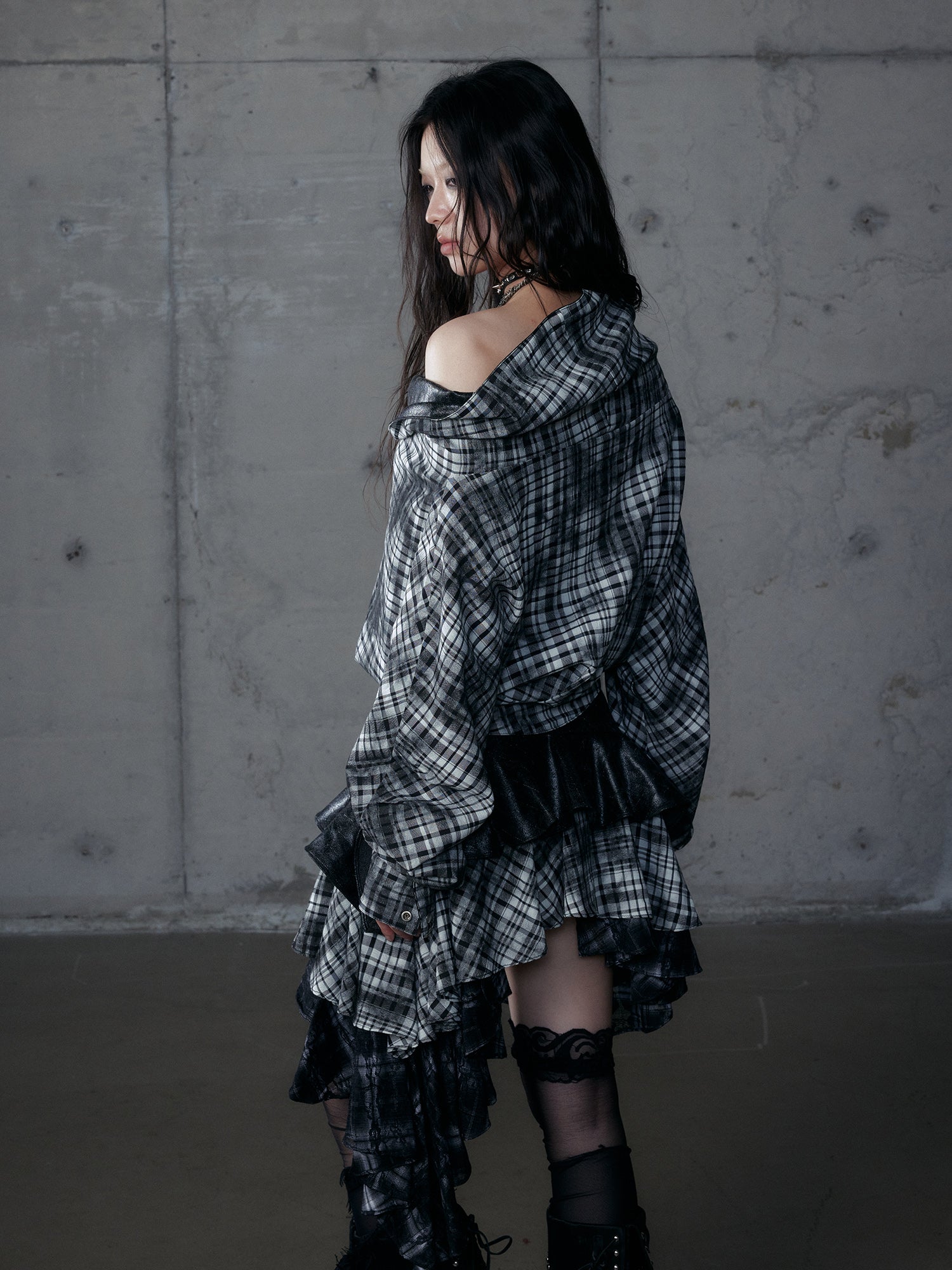 Deconstructed Checkered Waist-Cinching Reversible Leather Hoodie