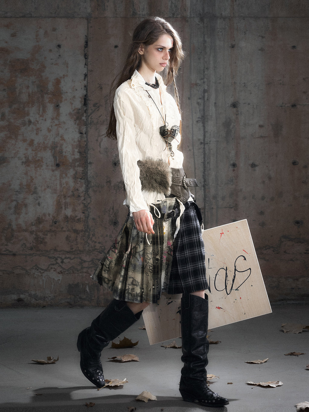 Leather Waist Panel Black Gray Plaid Belted Pleated Skirt