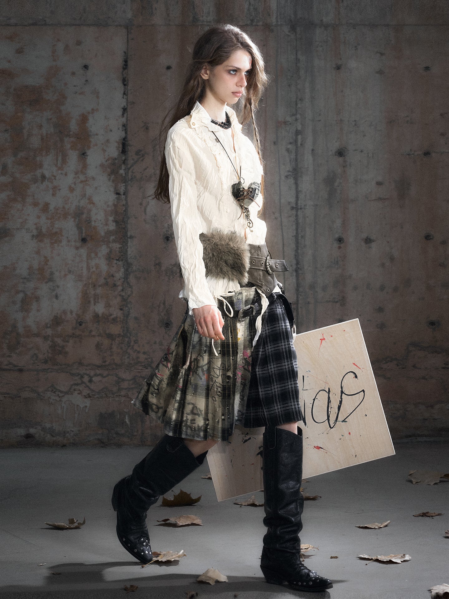 Leather Waist Panel Black Gray Plaid Belted Pleated Skirt