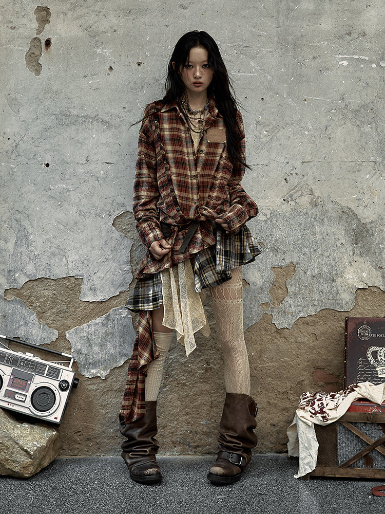Patchwork Plaid Asymmetrical Skirt
