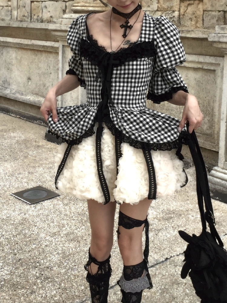 Plaid Lace Tie-Front Rose Blouse/Dress