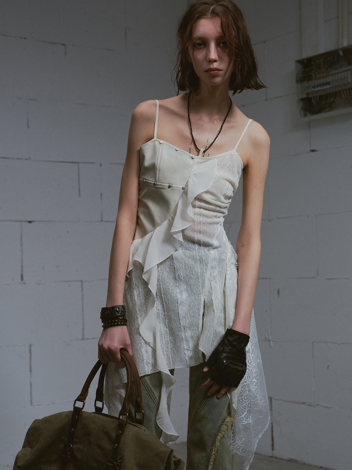 Leather-Panel Sheer Lace Slip Dress