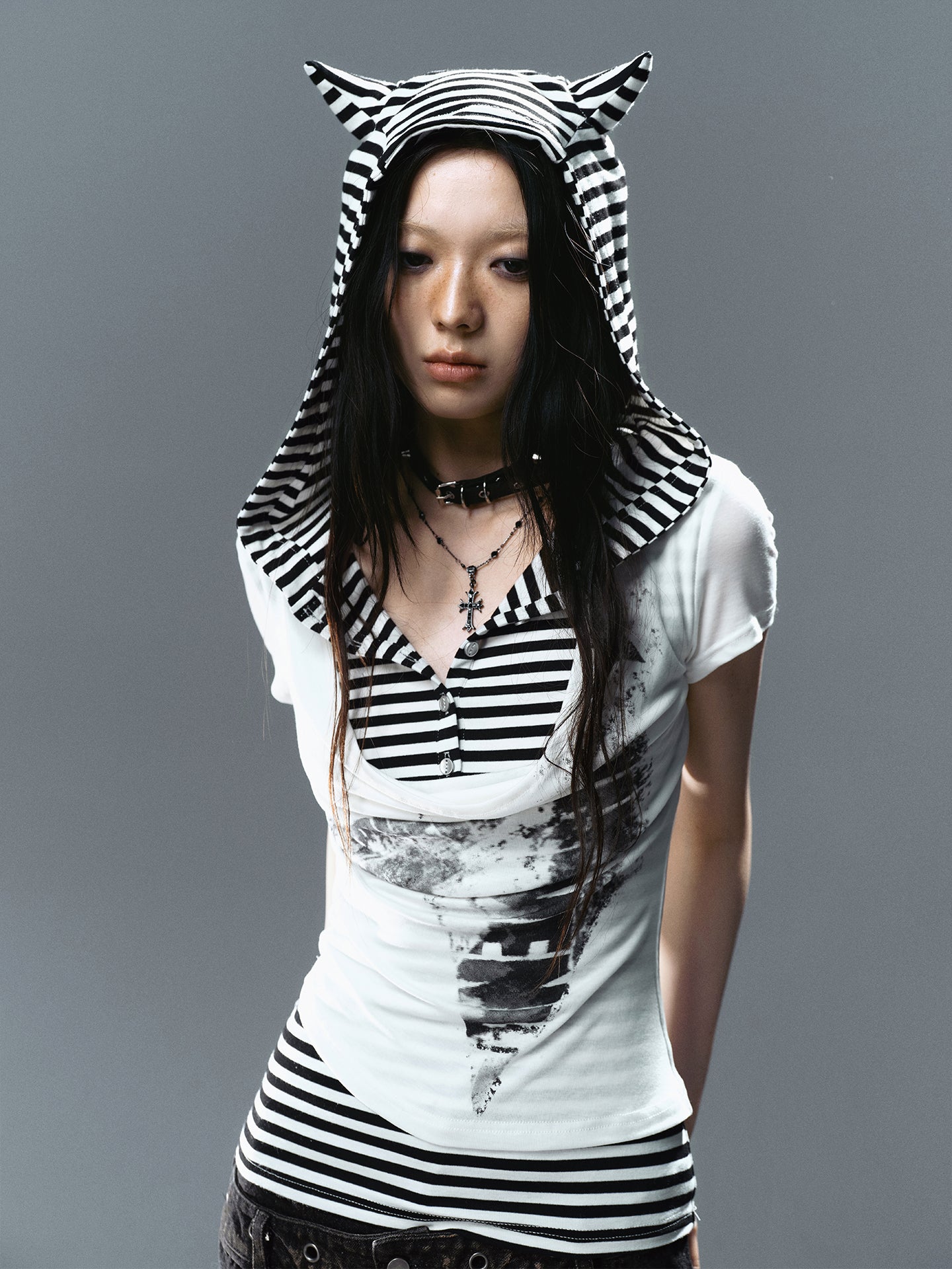 Cat-Ear Hooded Draped Neck T-Shirt