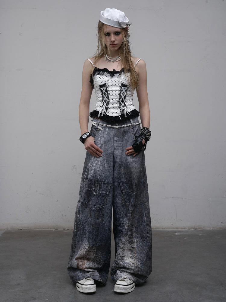 Hand-Drawn Digital Print Lace Relaxed Straight Leg Jeans