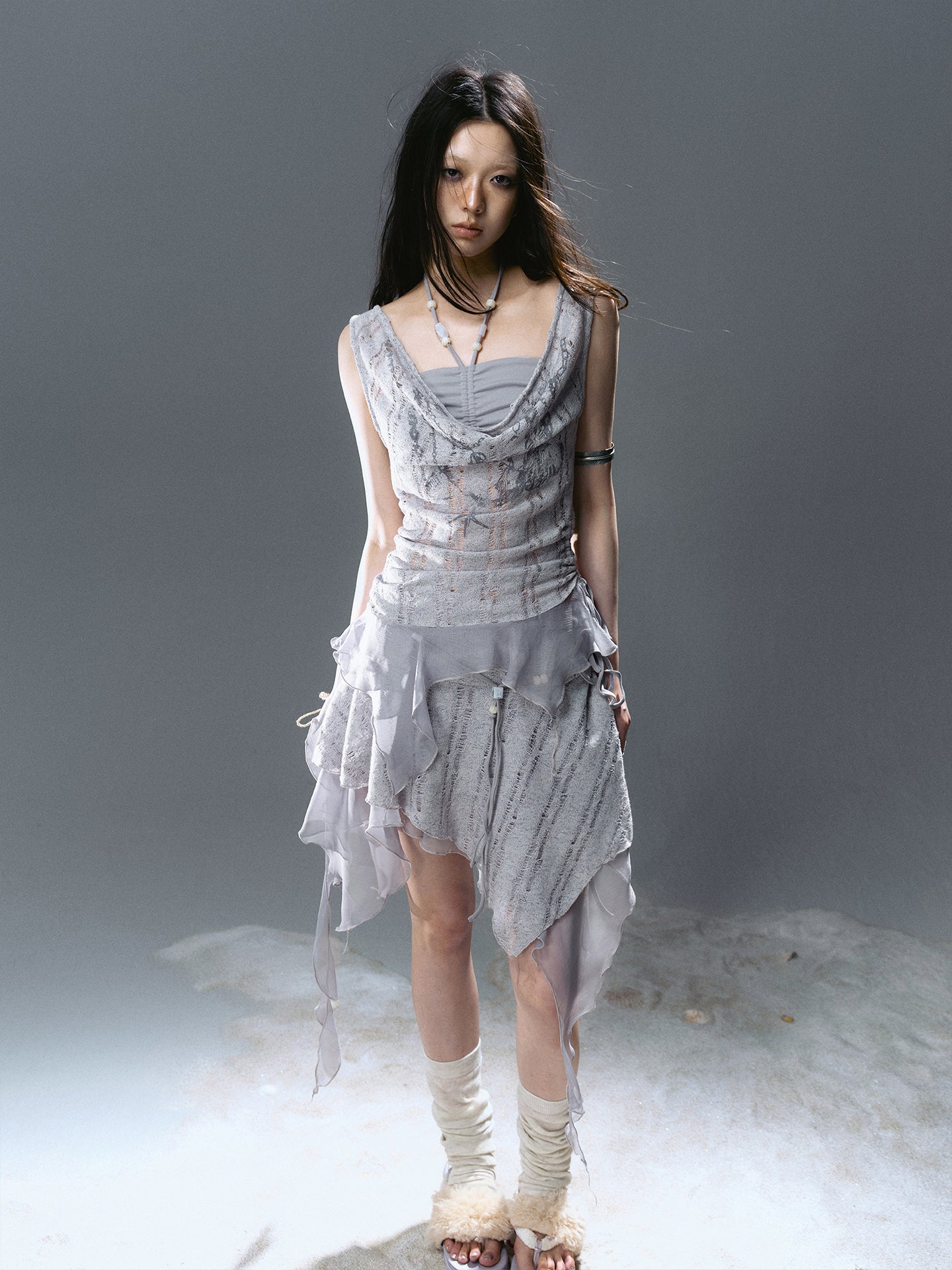 Beaded Chiffon Cut-Out Draped Neck Shell Top