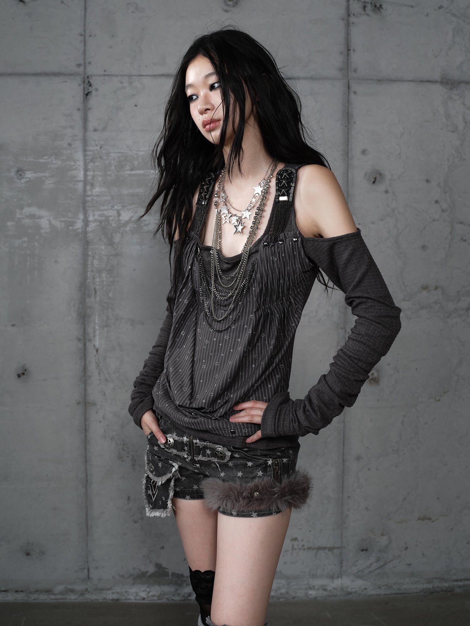 Patchwork False Two-Layer Knit Cold Shoulder Top