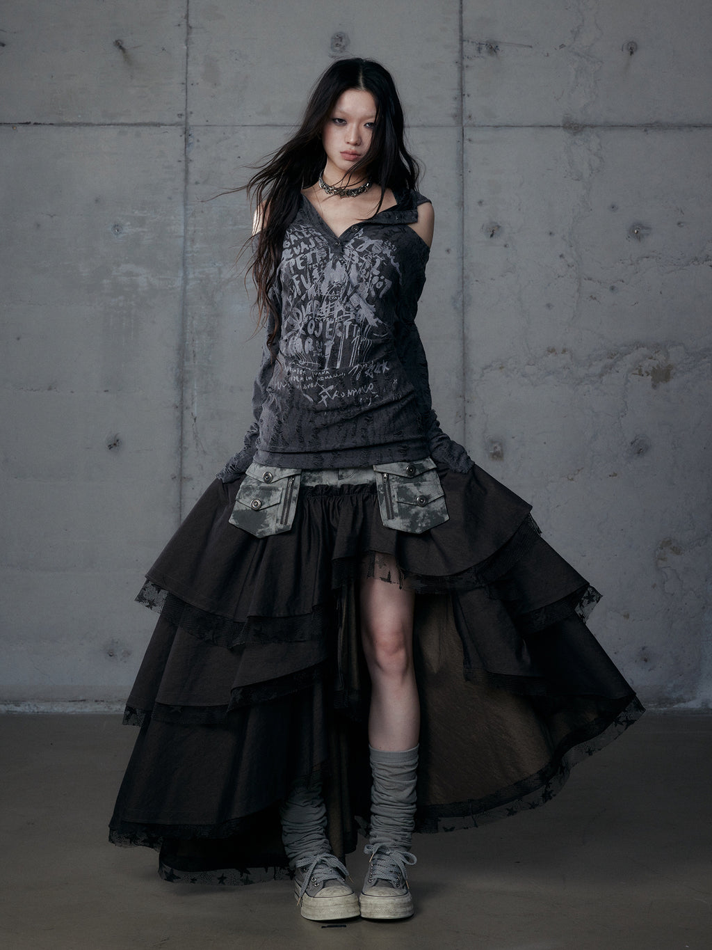 Asymmetrical Heavy-Tiered False Layered Maxi Skirt