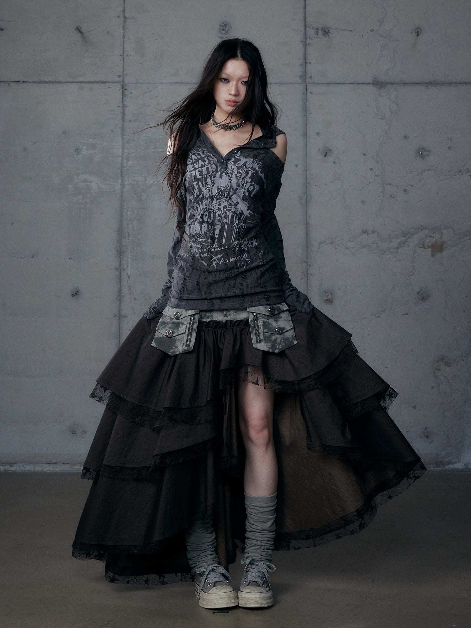 Asymmetrical Heavy-Tiered False Layered Maxi Skirt