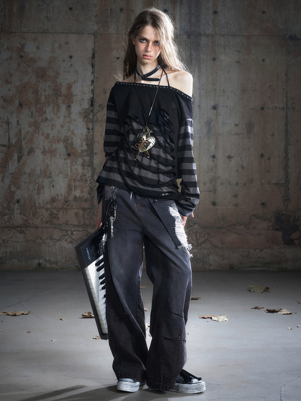 Double Fold Waist Dirty Wash Ripped Wide Leg Pants