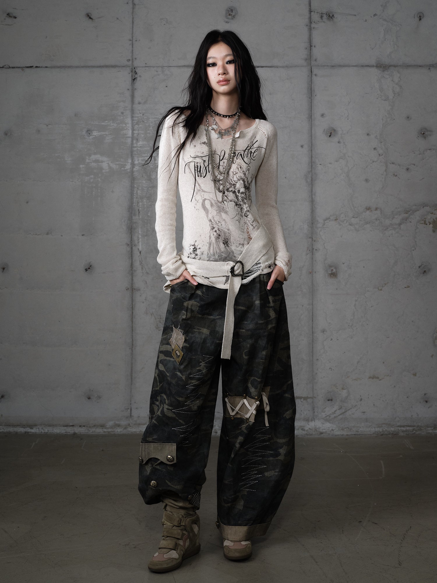 Wide Leg Heavy Embroidery Camo Pants