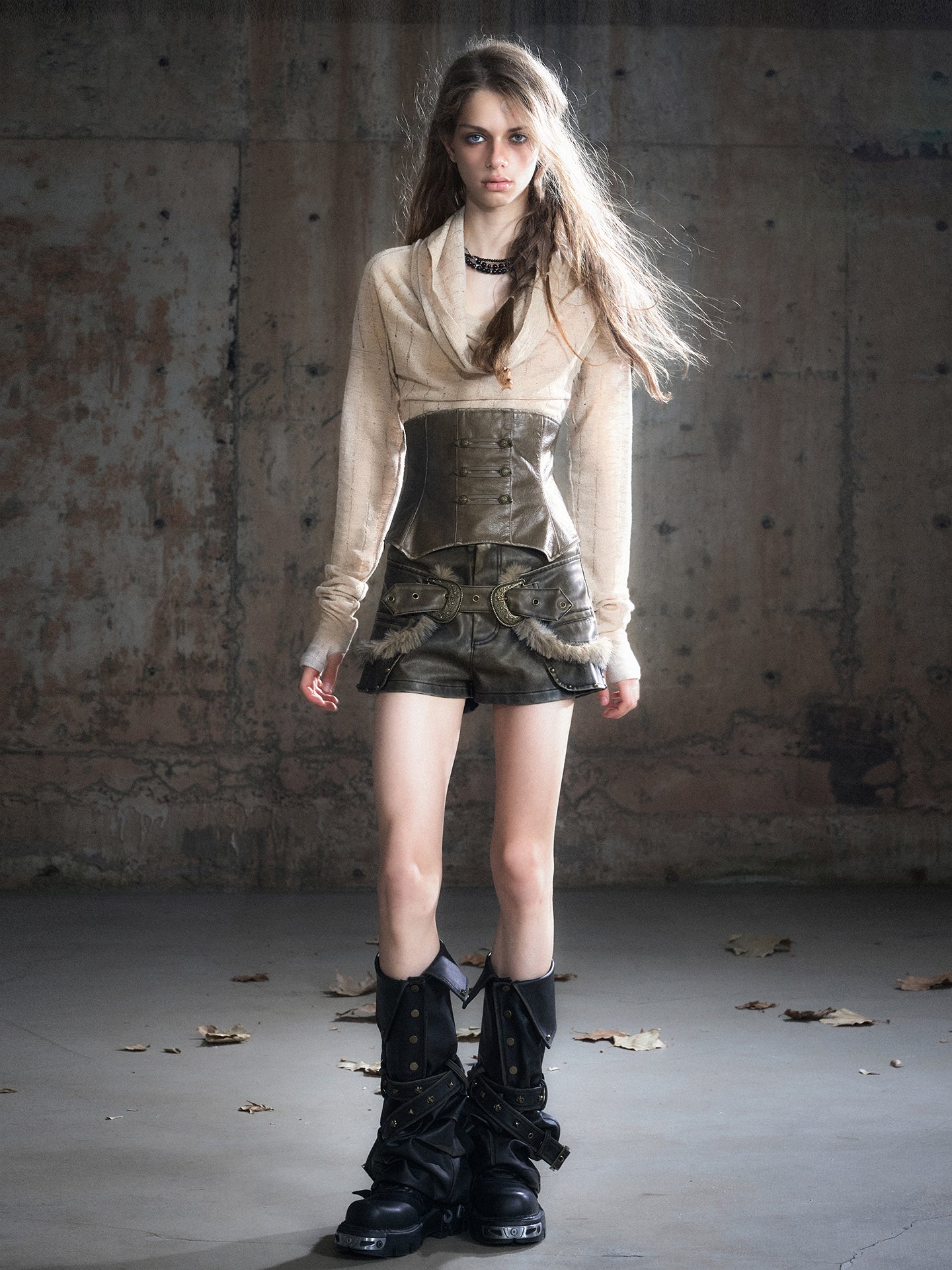 Leather Corset Striped Draped Knit Long Sleeve Tee