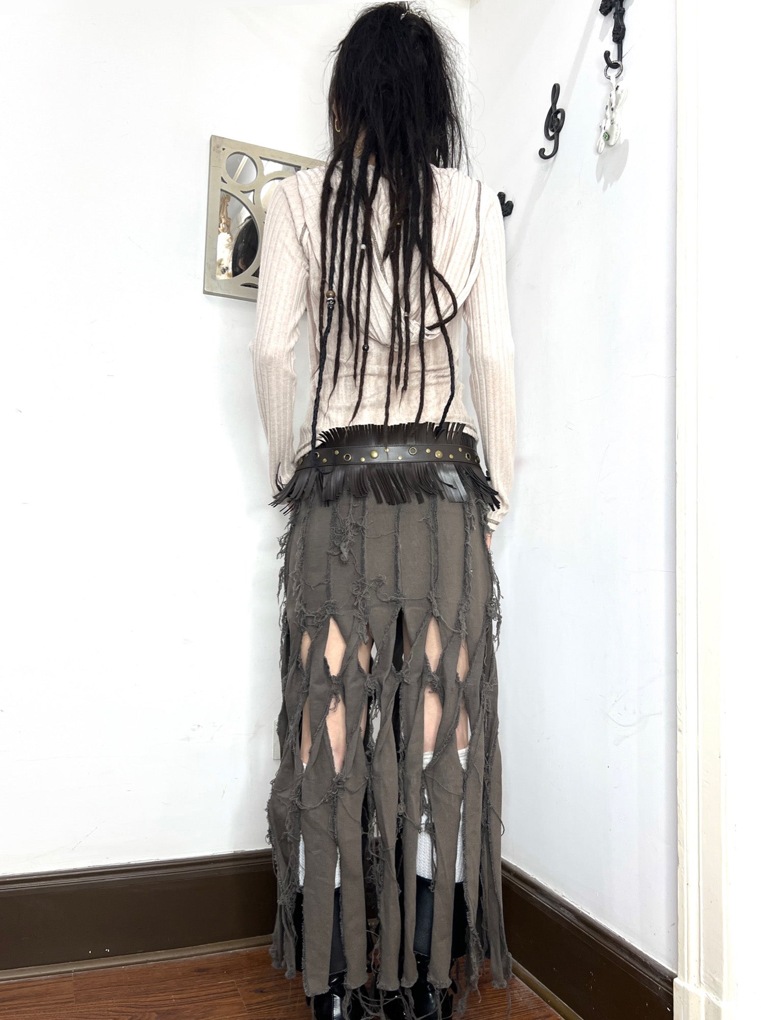 Knotted Fringe Distressed Maxi Skirt