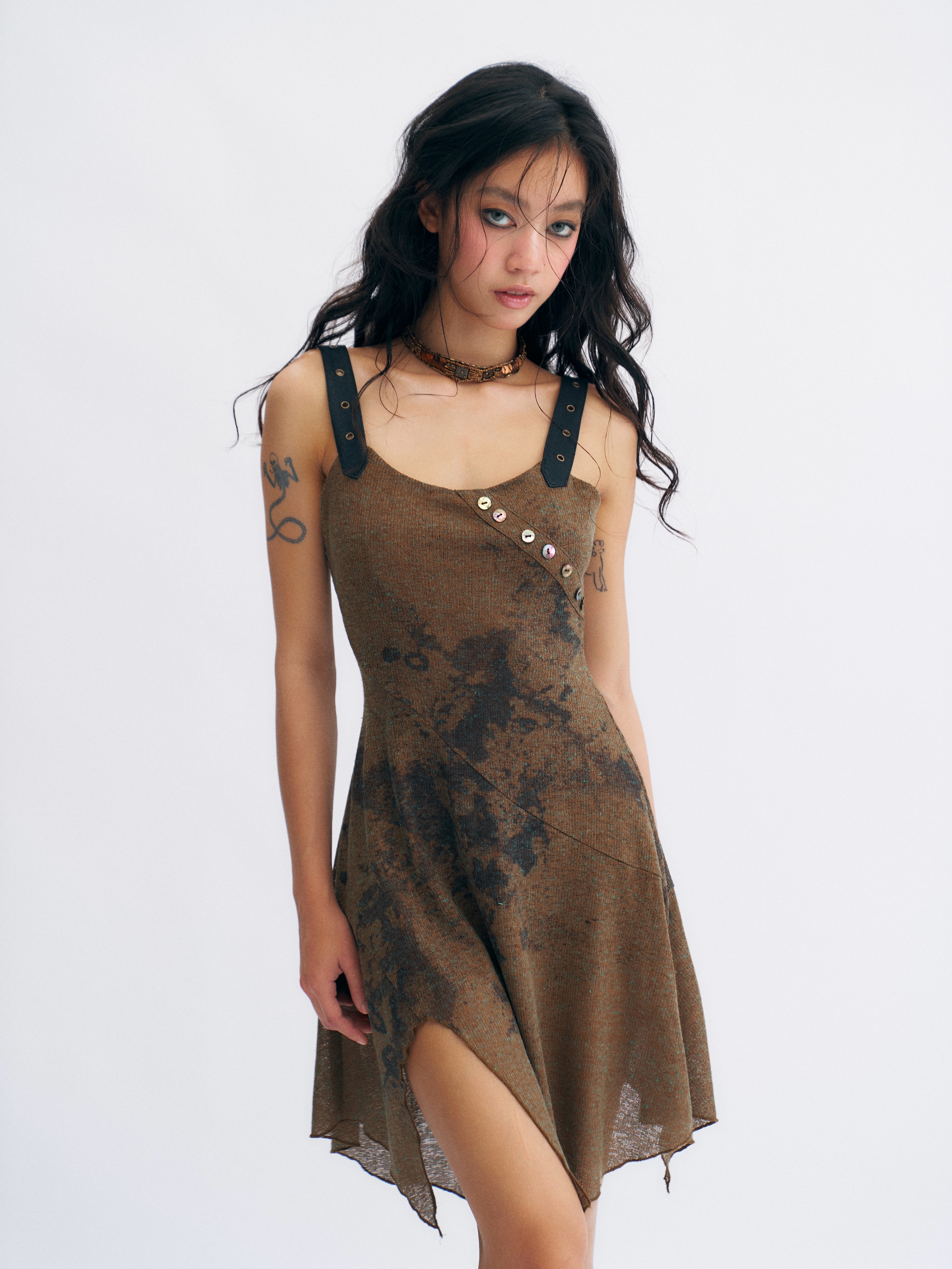 Brown Linen Tie-Waist Dress