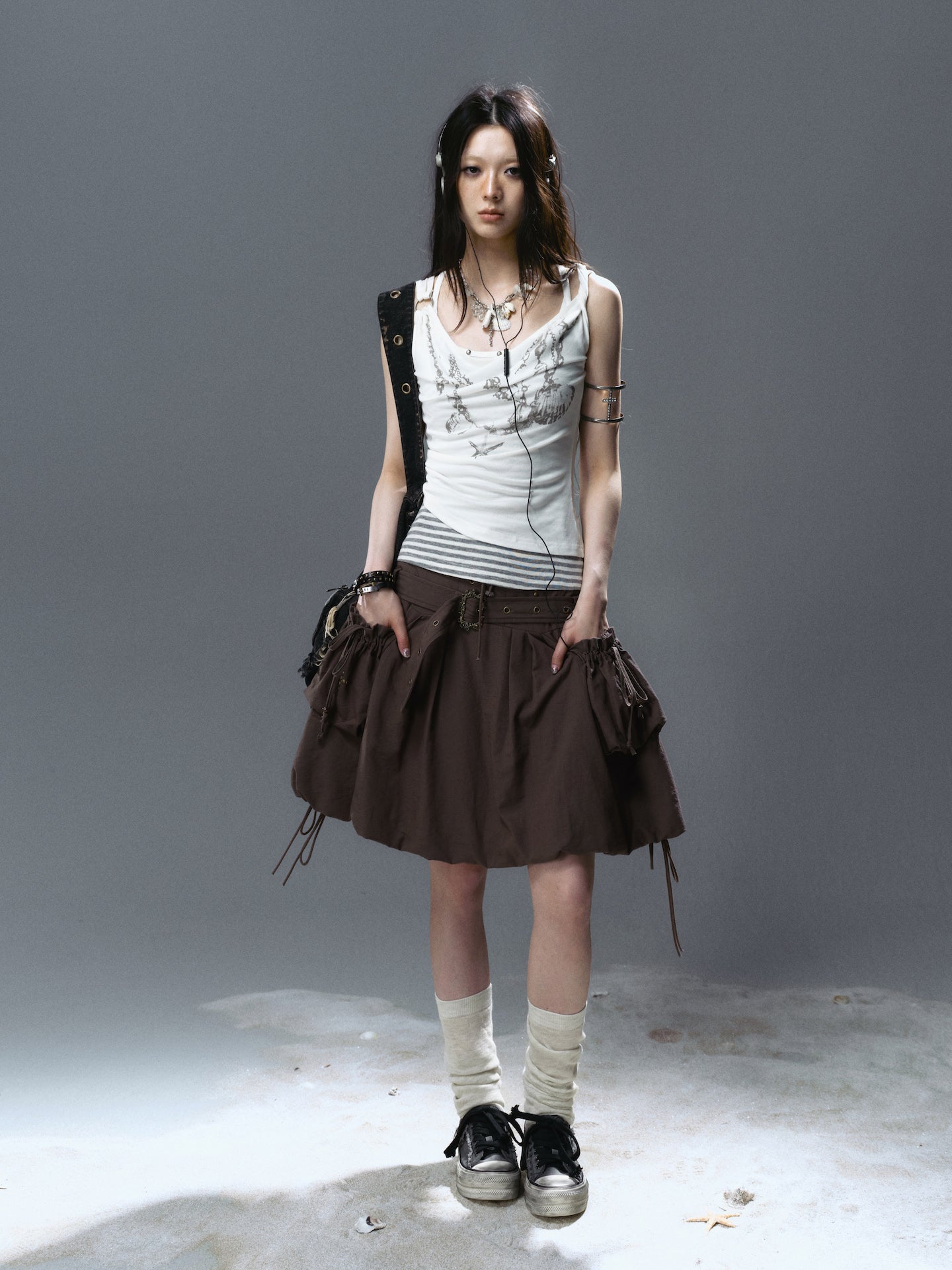 Mid-Waist Lace-Up Studded Cargo Skirt