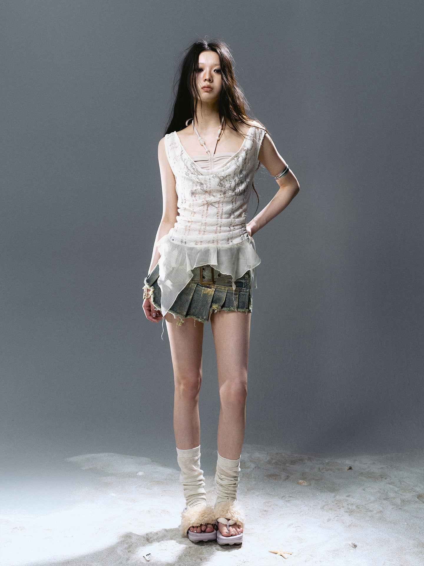 Asymmetrical Gold-Foil Raw Hem Denim Skort