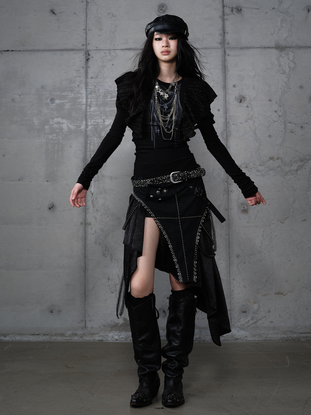 Asymmetric Leather Satin Long Skirt