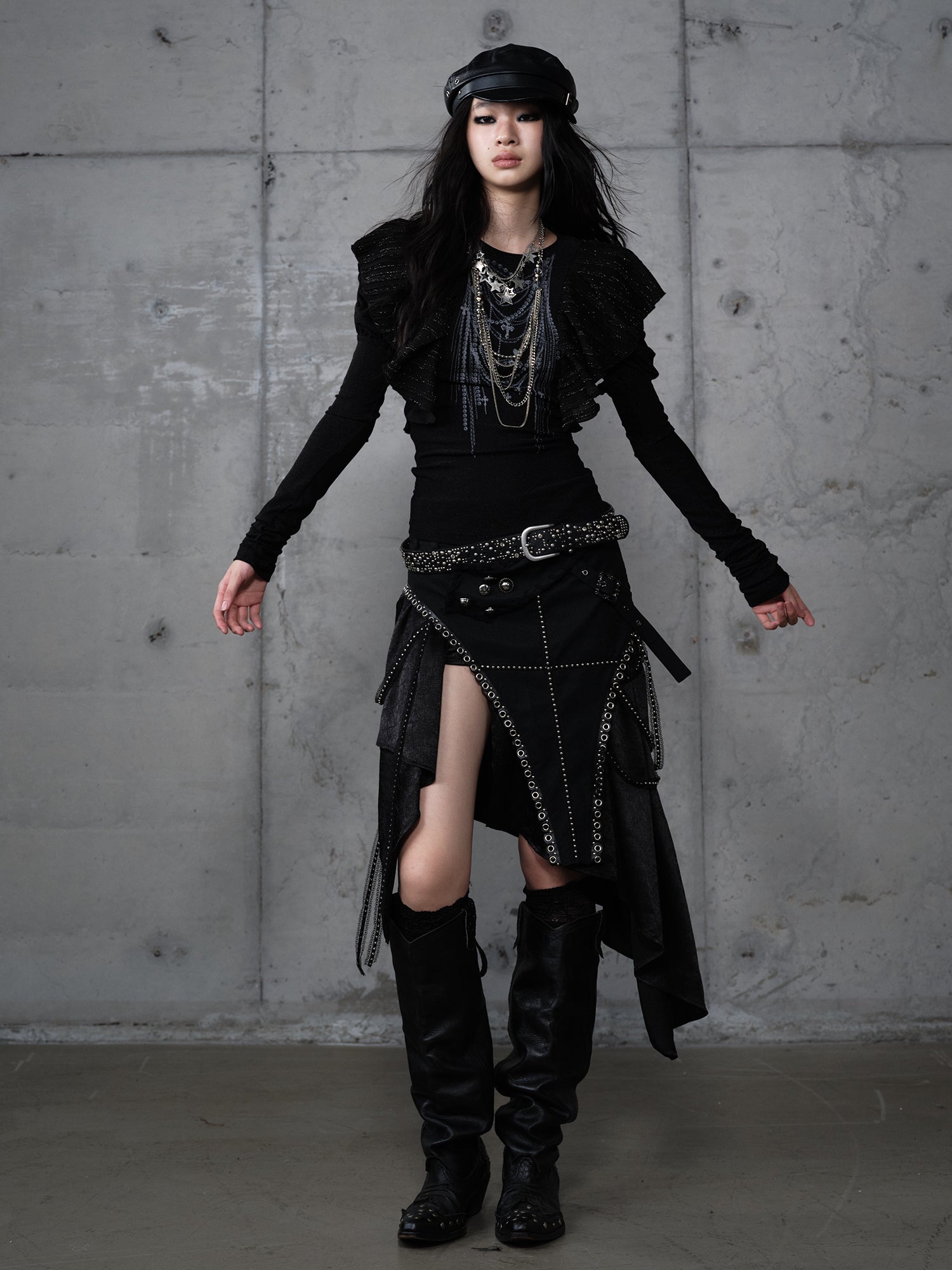 Asymmetric Leather Satin Long Skirt