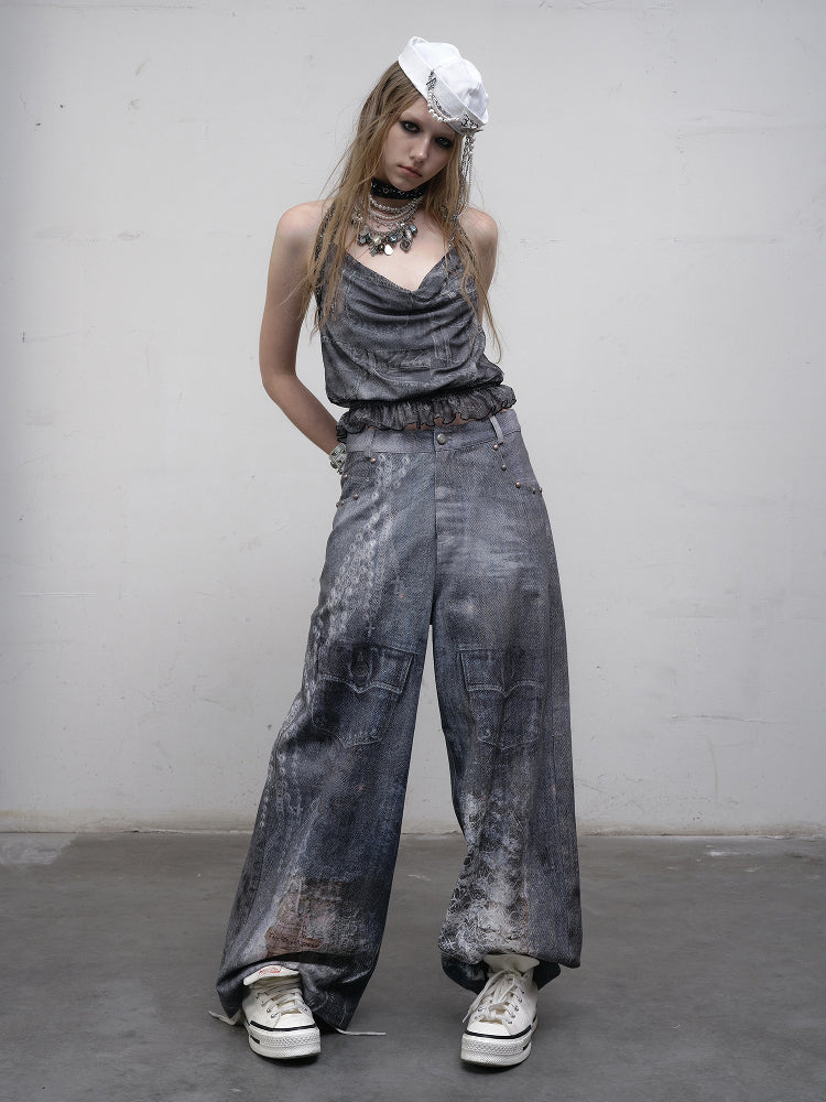 Hand-Drawn Digital Print Lace Relaxed Straight Leg Jeans