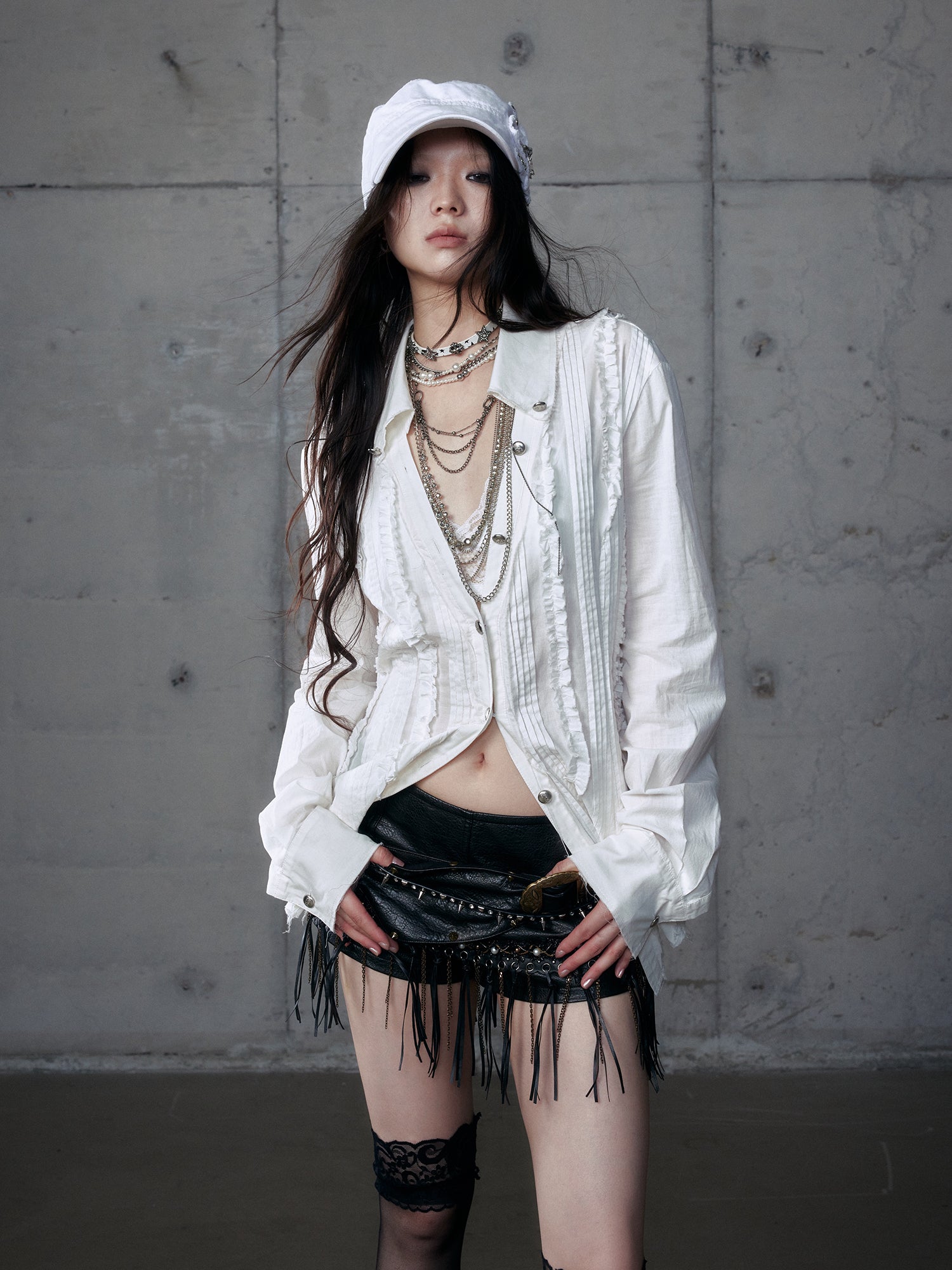 Lace V-Neck Puff Short/Long Sleeve Shirt