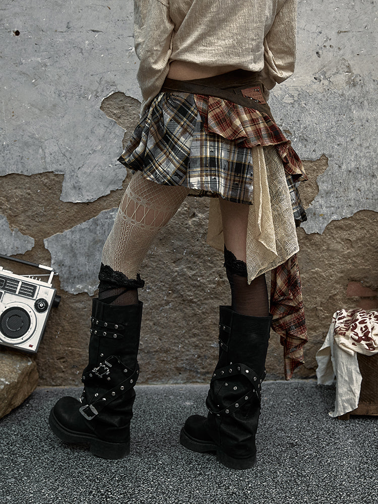 Patchwork Plaid Asymmetrical Skirt