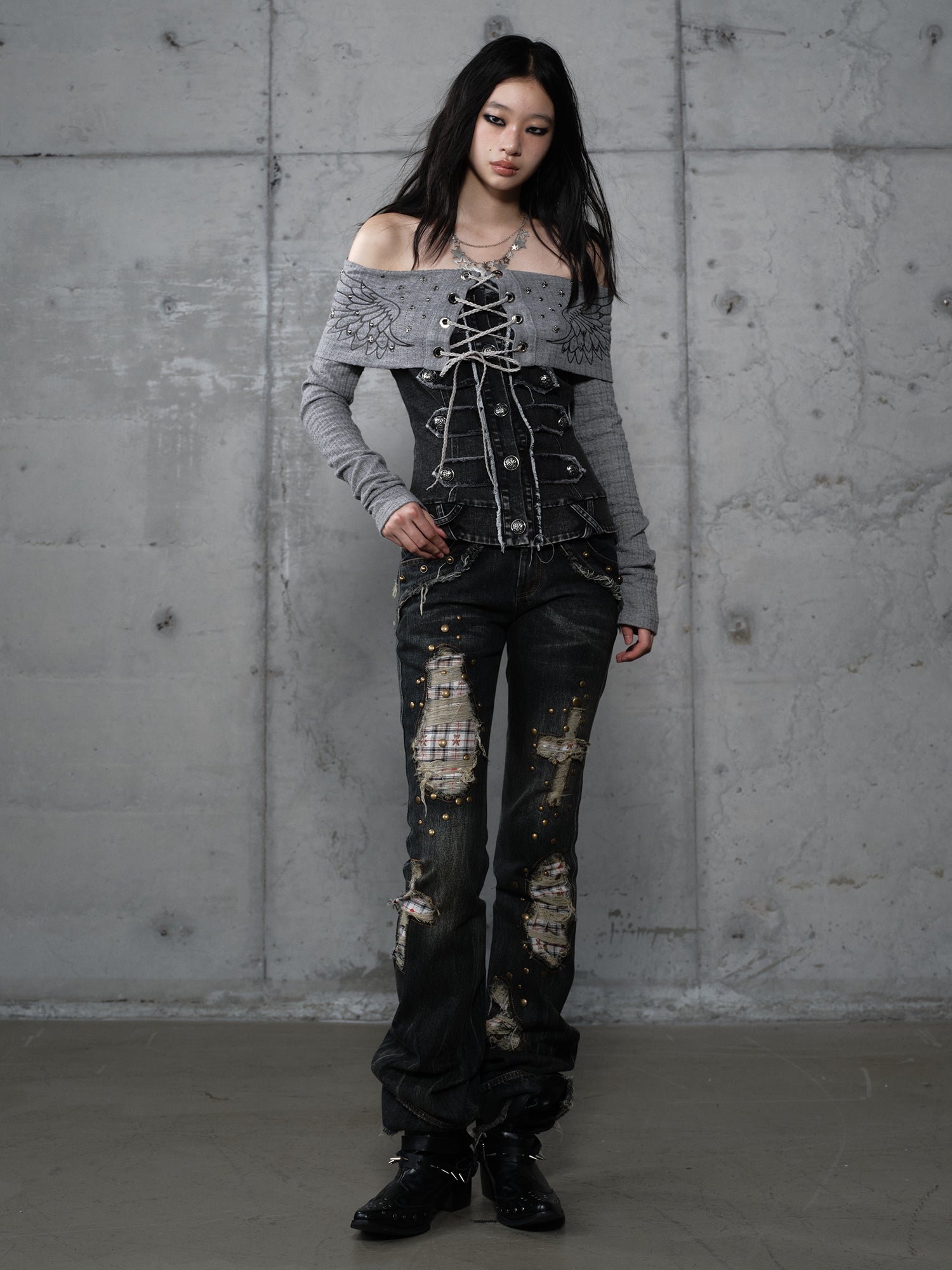 Checkered Patchwork Rhinestone Straight Slim Jeans