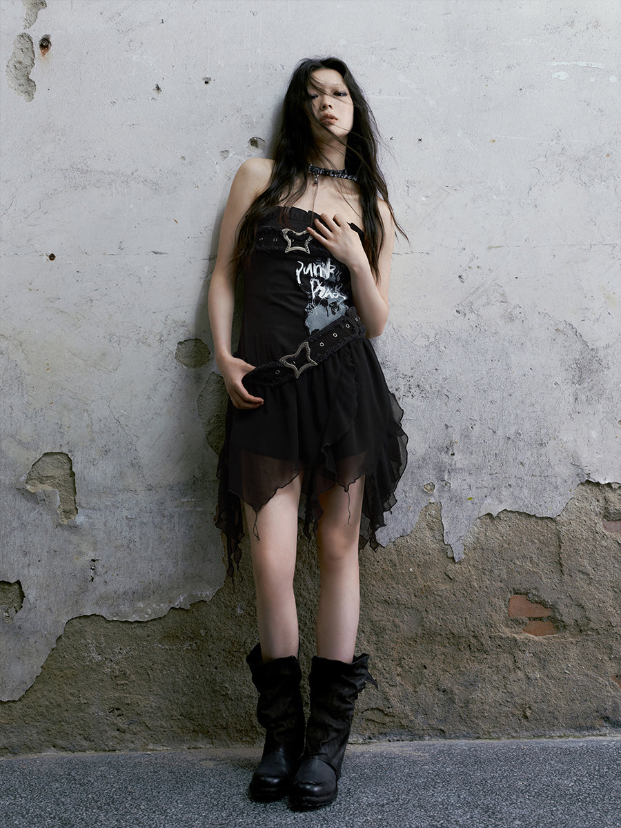 Beige Graffiti Corset Dress with Butterfly Buckle