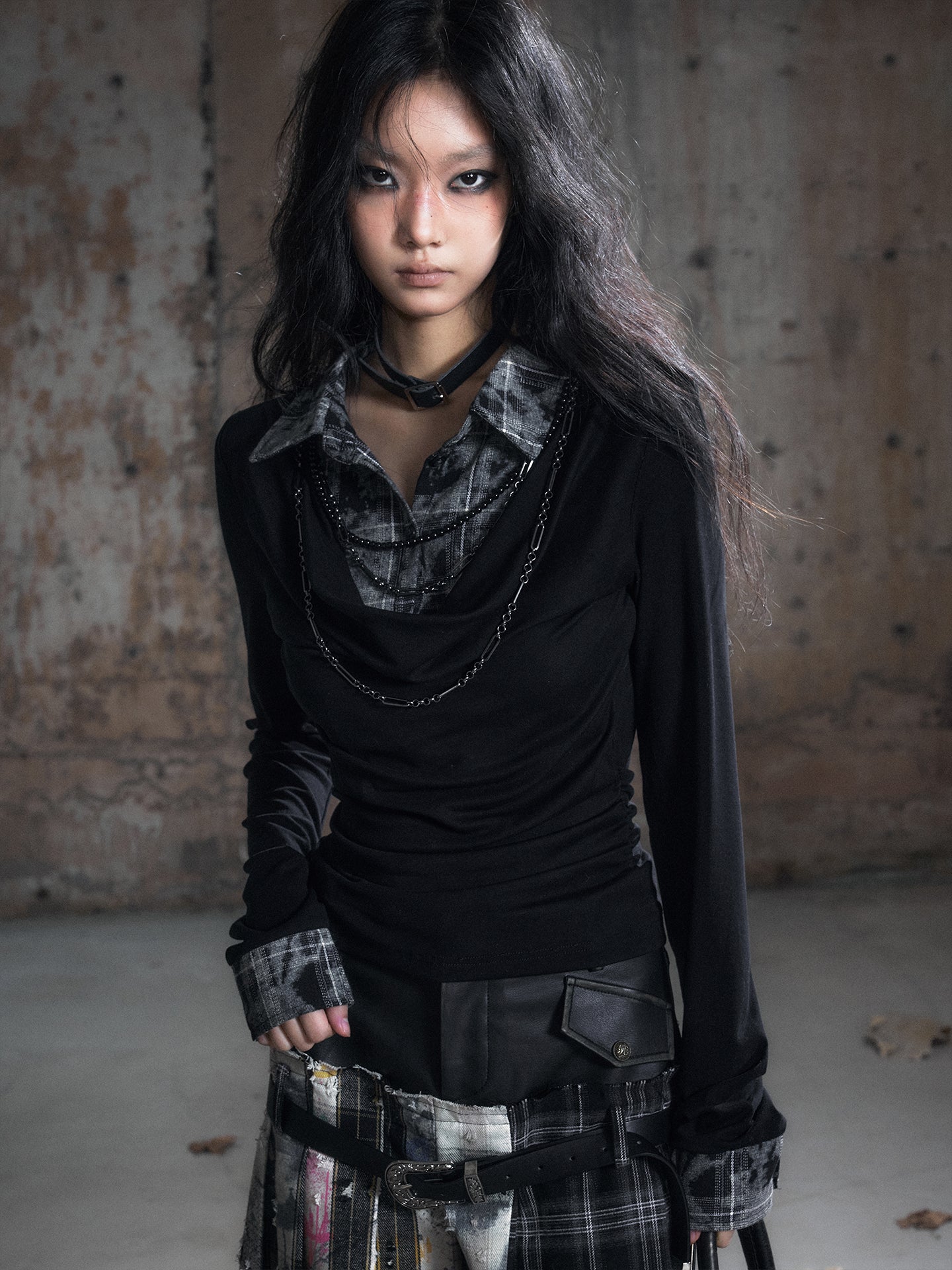 Plaid Tie-Dye Black Draped Long Sleeve Shirt