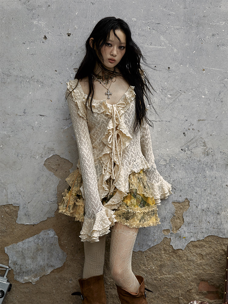 Textured Lace Ruffle Bell Sleeve Blouse