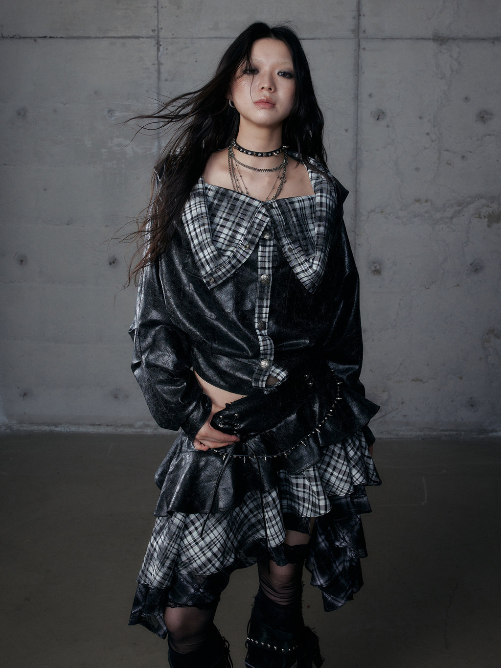 Deconstructed Checkered Waist-Cinching Reversible Leather Hoodie