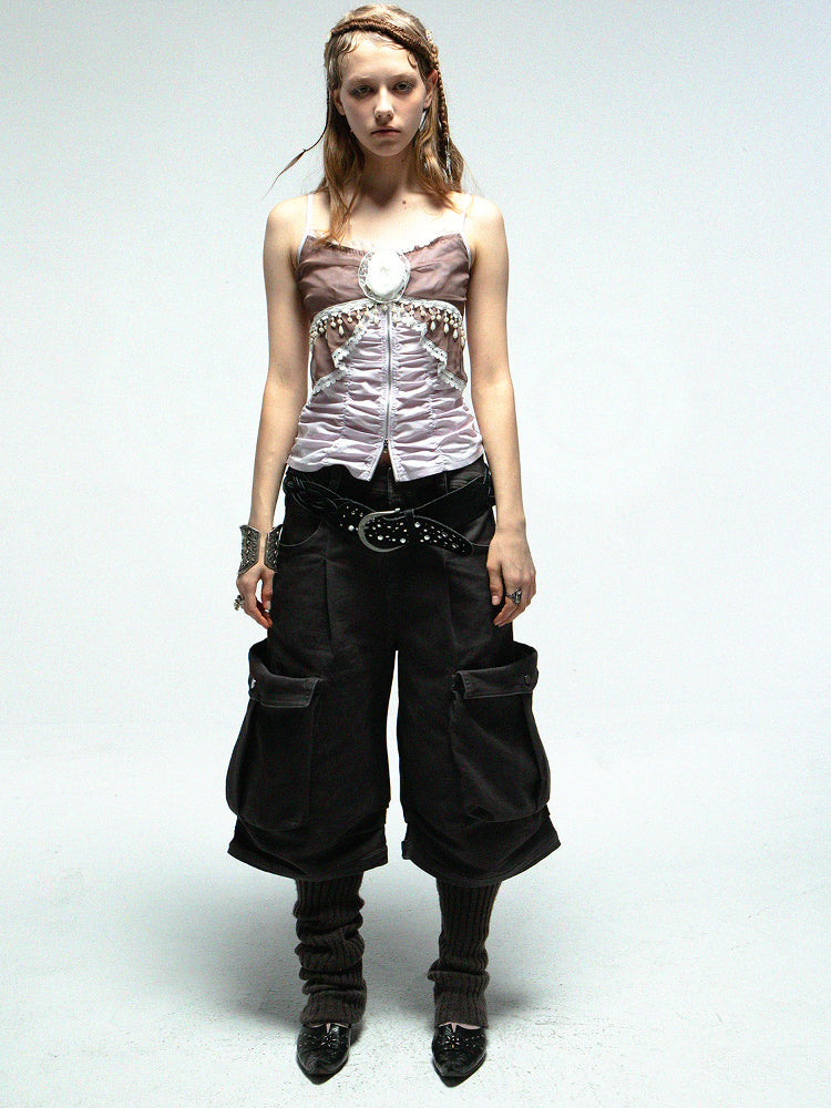 Puff Sleeve Chiffon Lace Camisole 2-Piece Set