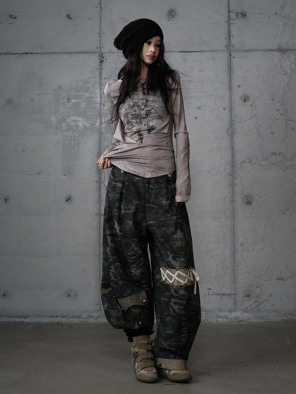 Airbrushed Cross Deconstructed Print Long Sleeve Tee