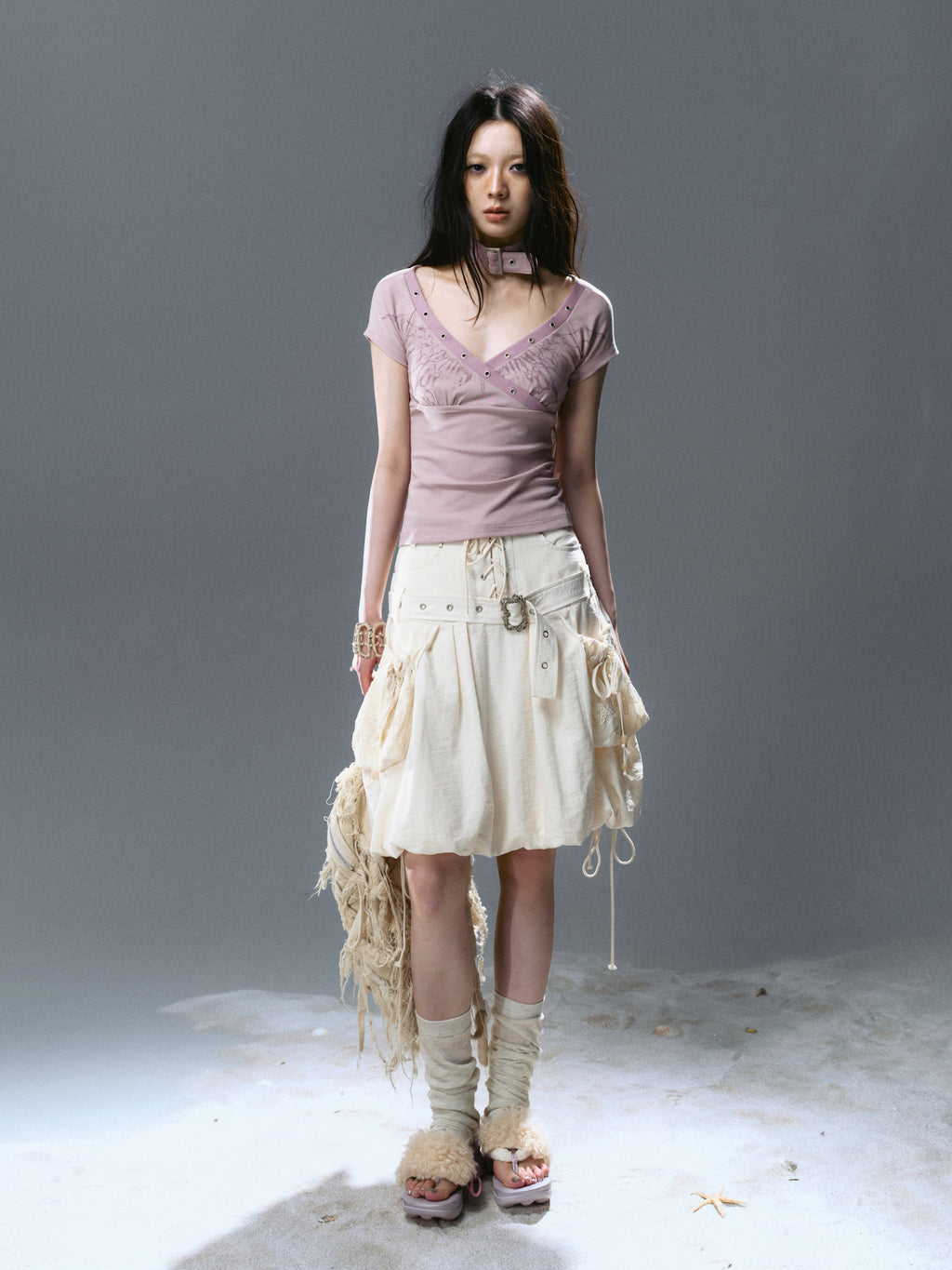 Mid-Waist Lace-Up Studded Cargo Skirt