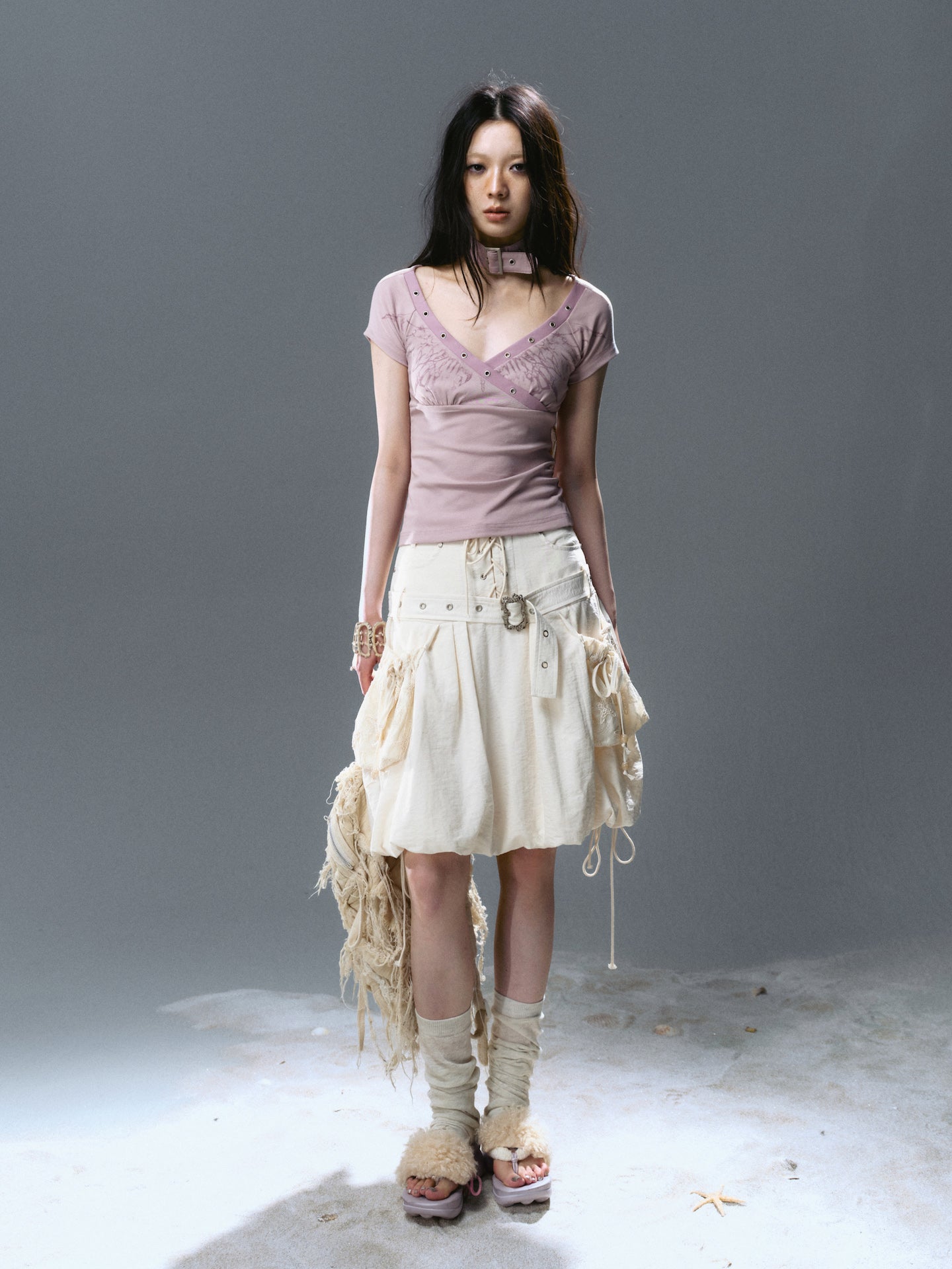 Mid-Waist Lace-Up Studded Cargo Skirt