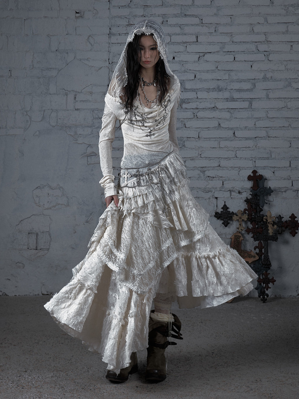 Printed Lace Long Sleeve Hooded Dress