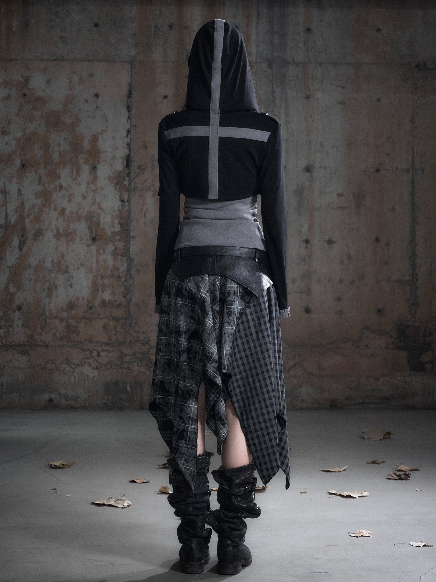 Velvet Patchwork Asymmetric Checkered Hem Midi Skirt