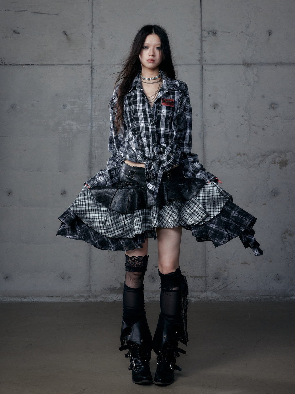 Plaid Asymmetrical Heavy-Duty Skirt