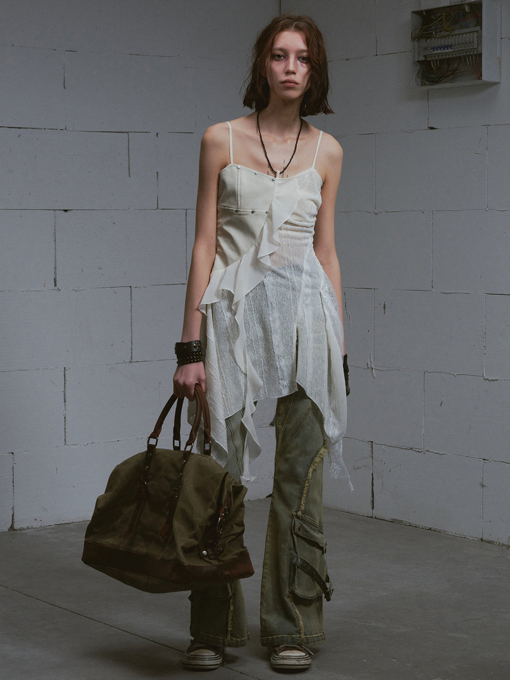 Leather-Panel Sheer Lace Slip Dress