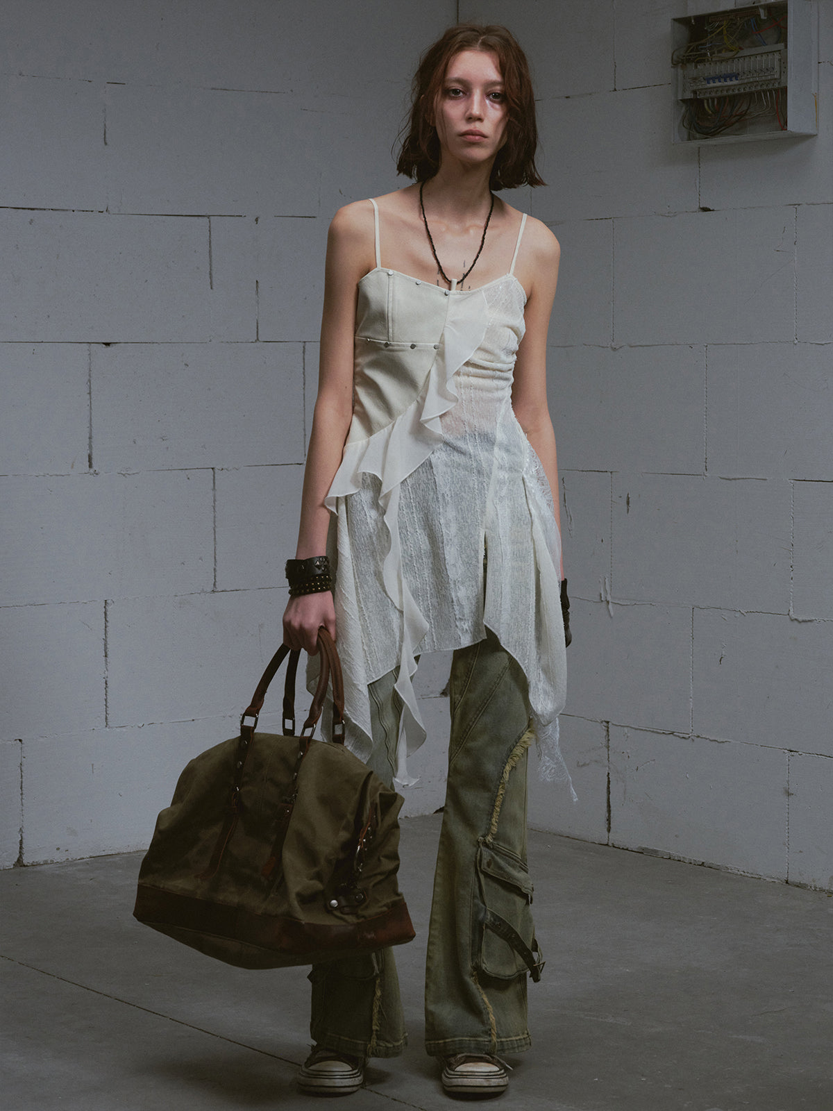 Leather-Panel Sheer Lace Slip Dress