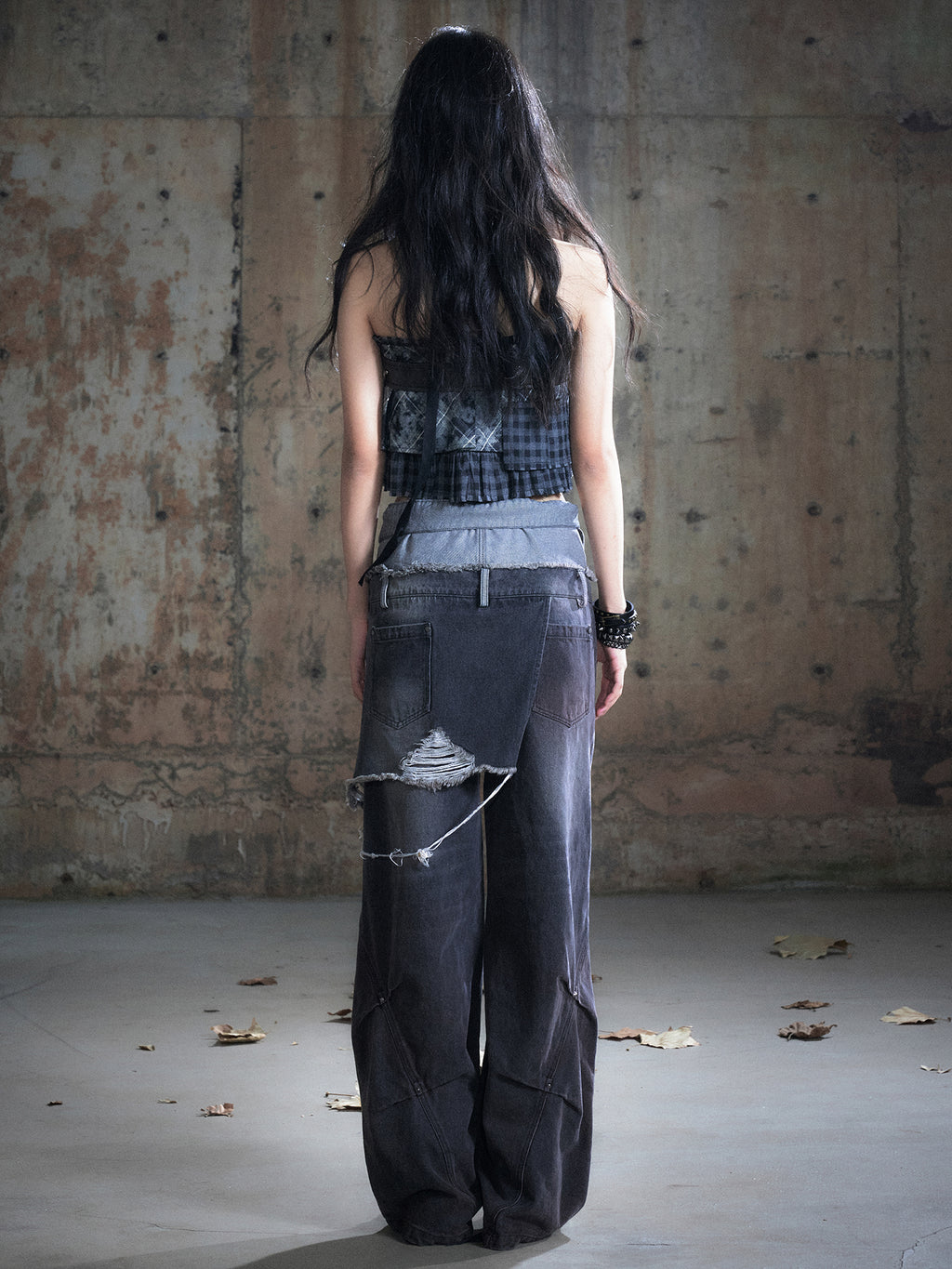 Double Fold Waist Dirty Wash Ripped Wide Leg Pants