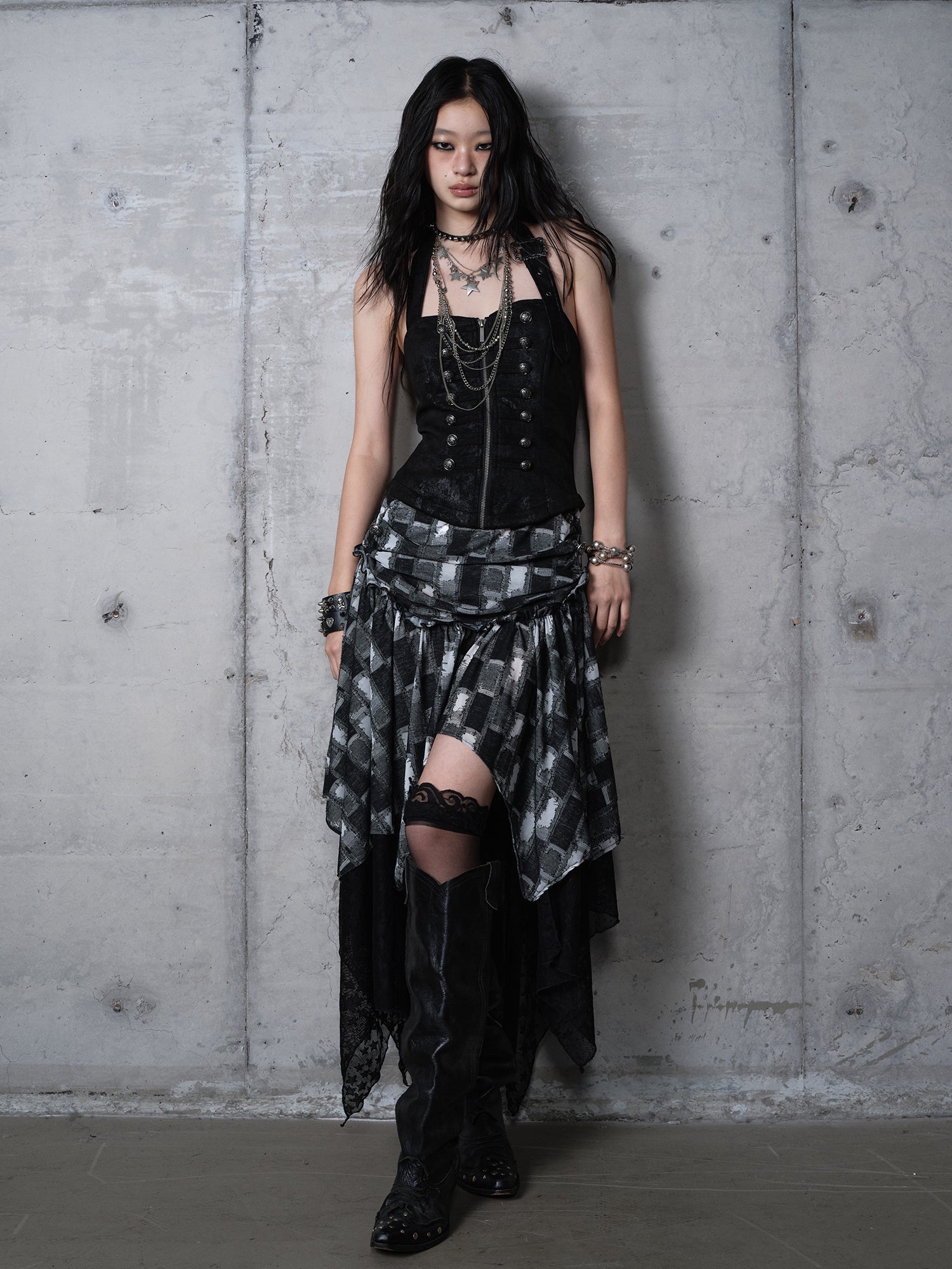 Plaid Velvet Leather Corset Asymmetric Halter Dress